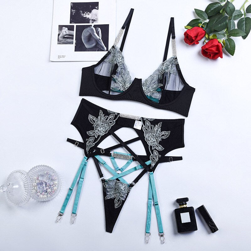 Fancy Lingerie Rhinestone Sexy Underwear Women Body Floral Embroidery Intimate Uncensored Luxury Lace Fine Outfits