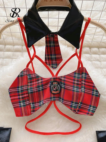 Plaid   Nightwear Two Pieces Set Women Backless Mini Camis+ Short Skirt Preppy Cosplay Sexy Underwear Suits Wanita