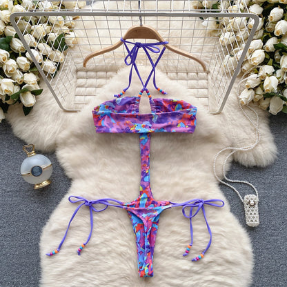 Wanita Fashion Hollow Out Sexy Bodysuit Halter Lace Up Cross  Backless Design 2023 Women Sensual Bikini Swimsuits