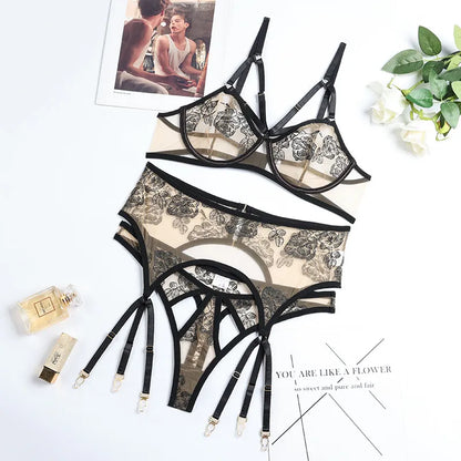 Sexy Lingerie Set Woman 3 Pieces Lace Transparent Bra Brief Sets Fancy Garters Intimate Underwear Panty Set