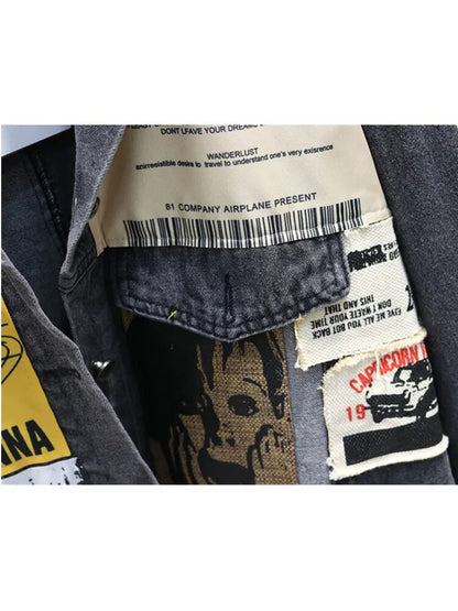 Vintage Vollarm-Applikationen, Zeitungsmuster, große Größe, schwarze Jeansjacke, Freizeit-Trendmantel, 2023 Herbst, neue Jeansjacke