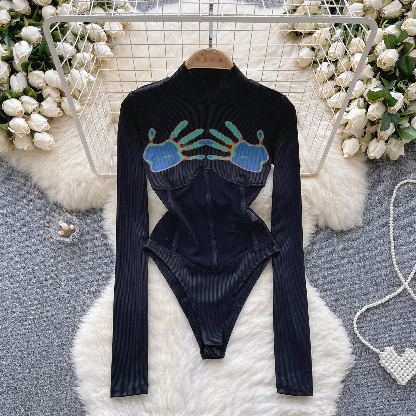 Palm Print Sheer Bodysuist Ladies Stand Neck Long Sleeves Mesh Slim Blouse 2023 Fashion Elastic Corset Sexy Playsuits Wanita