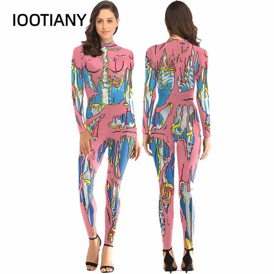 IOOTIANY Spoof Graffiti Pattern 3D Print Sexy Women Jumpsuit Cosplay Costumes Skinny Fashion Party Bodysuit monos mujer