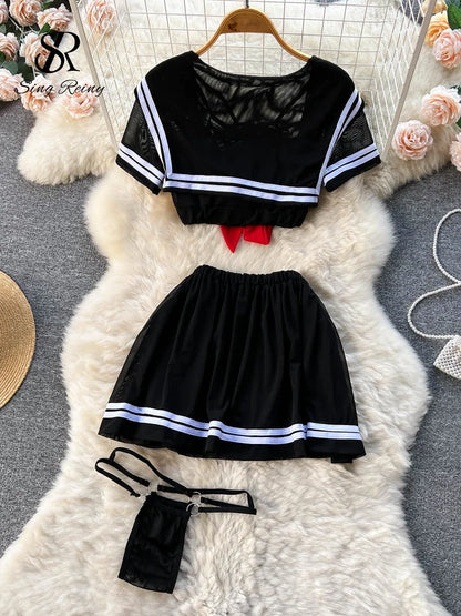 Preppy Style Cosplay Sheer Nightsuits Female Bow Sweet Short Top+Mini Skirt+Thongs 2023 Transparent   Outfit Wanita