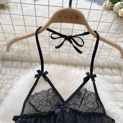 Sheer  Lace Sexy Underwear Suits New Women Mesh Ruffles Halter Mini Bra+Pearl Thongs Hollow Out  Nightsuits Wanita