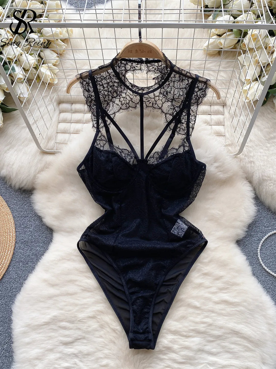 Fashion Mesh Lace Bodysuits Hook Flower Hollow Transparent Backless Slim Sexy Rompers Women Sheer Sensual Playsuits Wanita