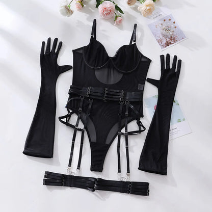 Body de encaje ajustado transparente, lencería Sexy, cuerpo con guantes, conjunto de liga, Top de malla sin entrepierna Sissy