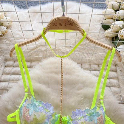 Wanita Fashion Hollow Out  Sleepwear Mesh Lace two Pieces Sets Strap Mini Bra+Thongs Sexy Embroidery Underwear Suits