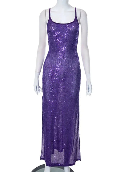 Luxury Sequins Backless Purple Autumn Dress Women 2023 Sexy Sleeveless Two Sides Slit See-through Evening Party Formal Dresses