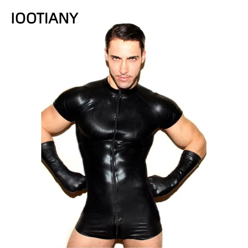 Wetlook Catsuit de látex, monos de cuero para hombre, monos negros elásticos de cuero PU, ropa Sexy para discoteca para hombre, Catsuit con cremallera en la entrepierna abierta