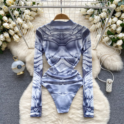 Sinnliche Hotsweet Drucken Playsuits Frauen Halb Hohen Kragen Lange Ärmeln Dünnes Streetwear 2023 Mode Sexy Schlank Bodys Wanita