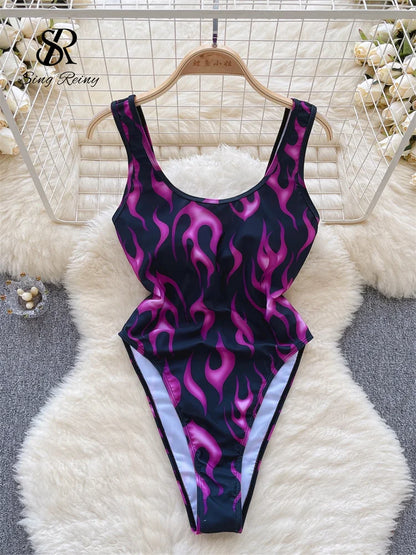 Strap Print Slim Swimsuits Ladies Backless Elastic Tank Playsuits 2023 Fashion Vintage Ins Sexy Bodysuits Wanita