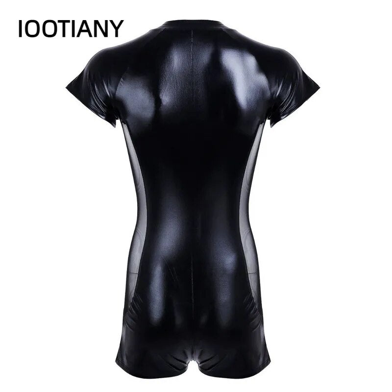 Wetlook Latex Catsuit Leather Man Jumpsuits Black Stretch PU Leather Bodysuits Sexy Clubwear Men  Zipper Open Crotch Catsuit