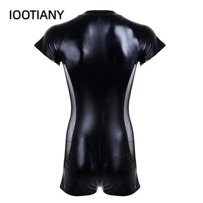 Wetlook Latex Catsuit Leder Mann Overalls Schwarz Stretch PU Leder Bodys Sexy Clubwear Männer Zipper Open Crotch Catsuit