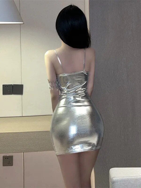WOMENGAGA Nightclub Mini Dress Pu Leather Sexy Spicy Girl Hot Girl Strap Slim Dress Gold Fashion Women Tops 2023 New 7OH5
