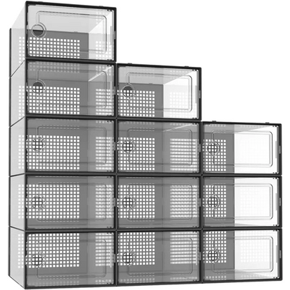 Potahouse Shoe Storage Organizer, 12 Pack X-Large Clear Plastic Stackable Shoe Boxes with Lids, Fit Size 11-12, Sneaker Containe