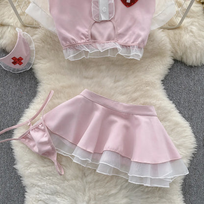 Nurse Uniform Cosplay Sexy Suits Women Short Sleeves Ruffles Top+Mini Skirt+Thongs Nightwear 2023   Outfit Wanita