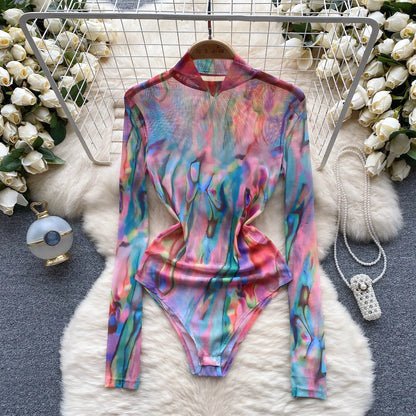 2023 Transparent Mesh Sexy Bodys Drucken Und Färben Öffnen Gabelung Mantel Strampler Mode Sheer Print Schlank Playsuits Wanita