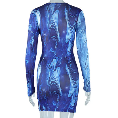 Metal Ring Deep V-neck Hollow Out Printed Dress Fashion Sexy Woman Outfits Long Sleeve Bodycon Nightclub Dresses Streetwear