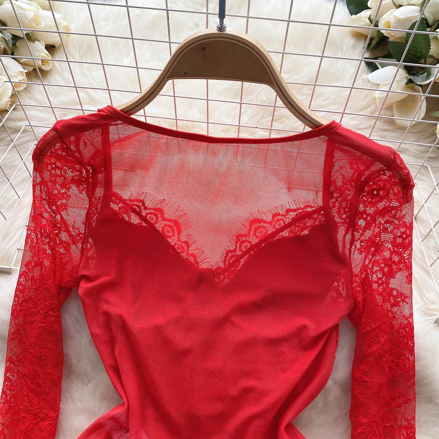 Fashion Lace Mesh Sexy Bodysuits Women Long Sleeved Open Crotch Y2K Top Transparent Streetwear Sensual Slim Playsuits Wanita