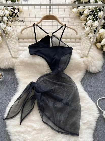 Vestido de noche Sensual de malla con tirantes, sin mangas, ropa de dormir Sexy, brillante, transparente, calado, Wanita, 2023