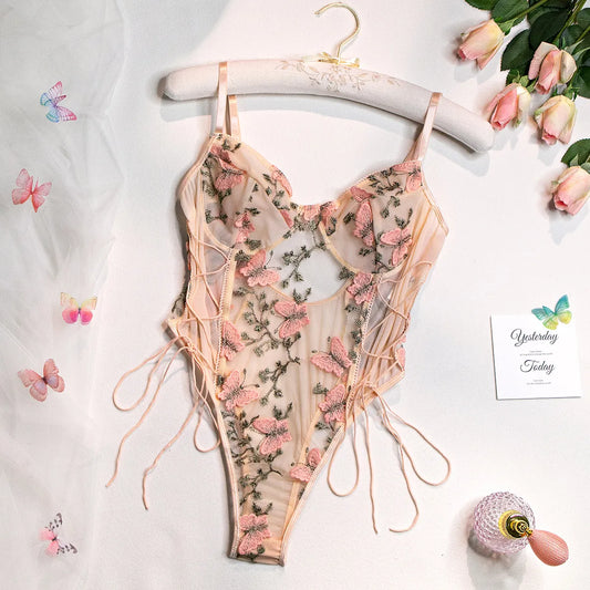 Wanita Floral Embroidery Sheer Playsuits Women Strap Butterfly  Nightwear Lace Up Slim Mesh Backless Sexy Bodysuits