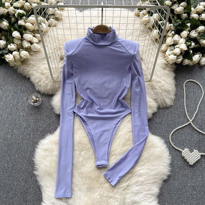 Wanita Fashion Open Crotch Sexy Y2K Bodysuits Half High Collar Long Sleeved Bodycon 2023 Streetwear Sensual Slim Playsuits