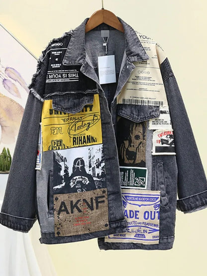 Vintage Vollarm-Applikationen, Zeitungsmuster, große Größe, schwarze Jeansjacke, Freizeit-Trendmantel, 2023 Herbst, neue Jeansjacke