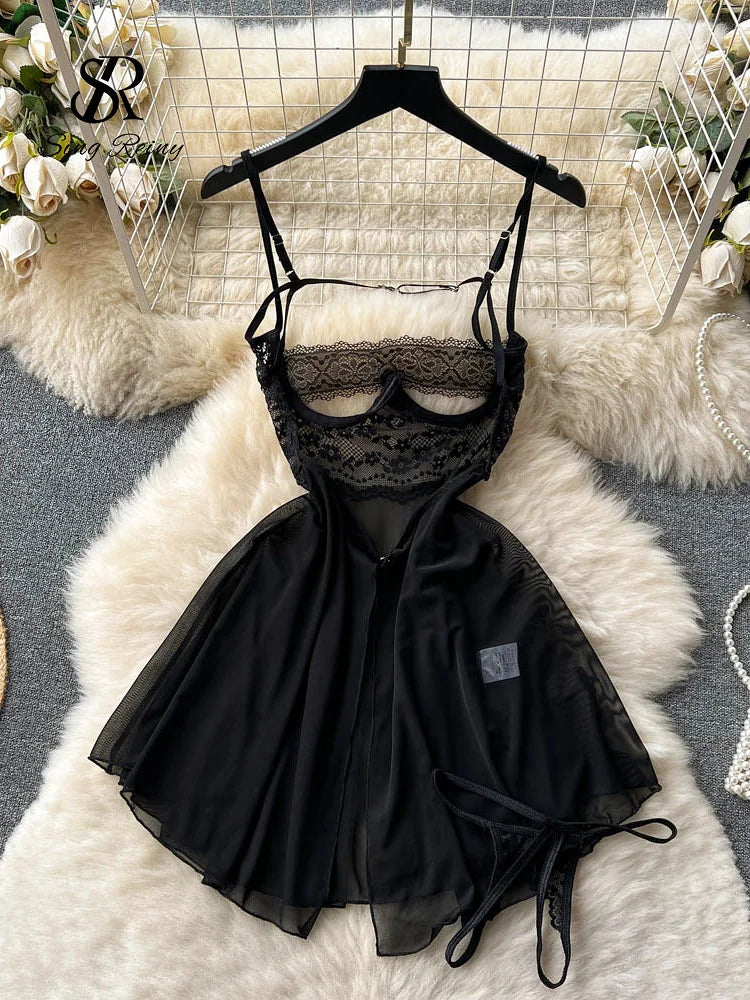 Transparent Lace Sexy Nightwear Sleeveless Slim Backless Short Dress Women Strap Floral Mesh Sheer  Nightdress Wanita