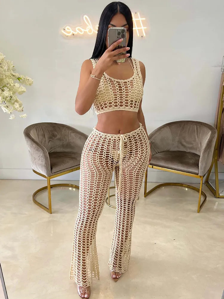 Sibybo Sommer Strand Tragen Stricken Outfits Frauen Aushöhlen Crop Tops Und Durchsichtig Gerade Hosen Anzüge Femme 2 Stück Passenden sets