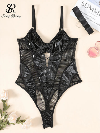 PU Spliced Mesh Sensual Rompers Halter Lace Up Cross  Design Slim Playsuits Female Hollow Out Sexy Bodysuits Wanita