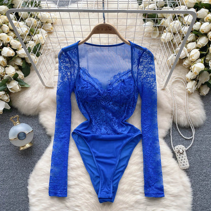 Mode Spitze Mesh Sexy Bodys Frauen Lange Ärmeln Offenem Schritt Y2K Top Transparent Streetwear Sinnliche Schlanke Playsuits Wanita