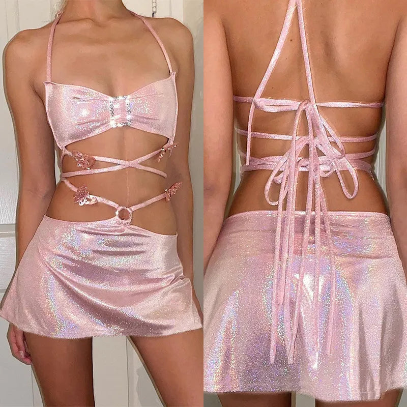 Conjunto de faldas de 2 piezas con espalda descubierta y mariposa rosa brillante para mujer, trajes sexys Cross Rave, traje de falda Y2k