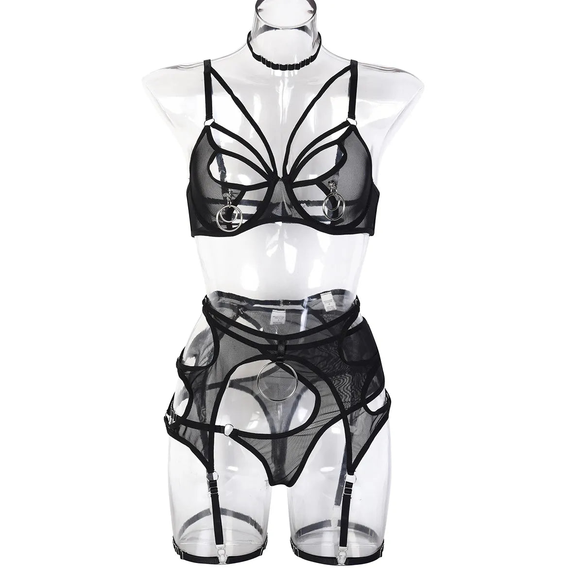 Sinnliche Dessous Sexy Cut-Out-BH-Set Frau 4-teilige Slip-Sets Spitzenunterwäsche Strumpfbänder Kostüme