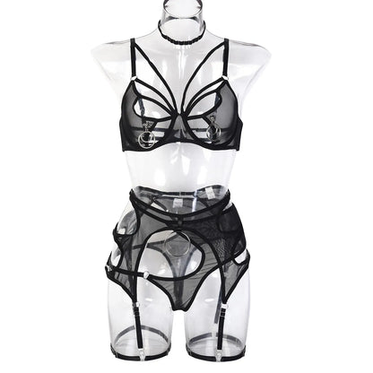 Sensual Lingerie Sexy Cut Out Bra Set Woman 4-Pieces  Brief Sets Lace Underwear Garters  Costumes