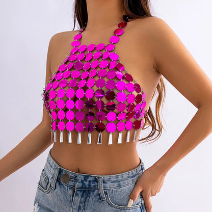 IngeSight.Z Sexy Sequins Hanging Neck Bra Top Chest Chain Women Summer Beach Crystal Tassel Pendant Body Festival Y2K Jewelry