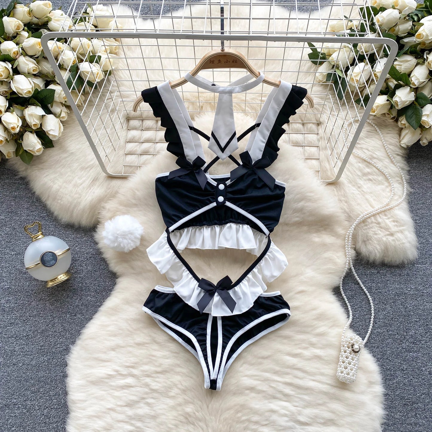 Cosplay  Playsuits Strap Ruffles Bow Hotsweet Slim Hollow Out Sensual Nightwear Open Crotch Sexy Bodysuits Wanita