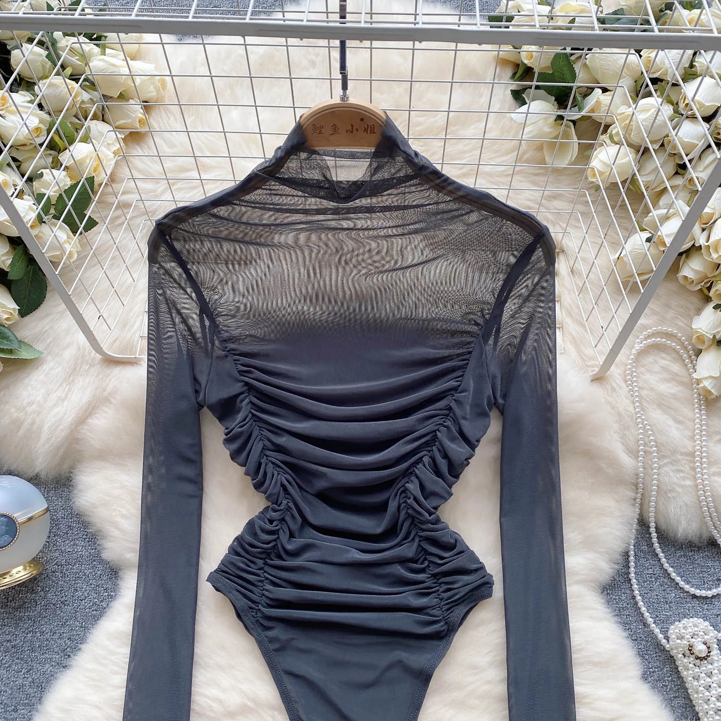 Sheer Geraffte Mesh Sexy Bodys Halb Hohen Kragen Lange Ärmeln Bodycon Streetwear 2023 Frauen Öffnen Gabelung Schlank Overall Wanita