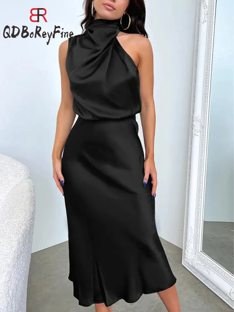 Satin Silk Women Dresses Sexy Evening Party Sleeveless Off Shoulder Bodycon Elegant Maxi Dresses for Women 2023 Summer Wedding