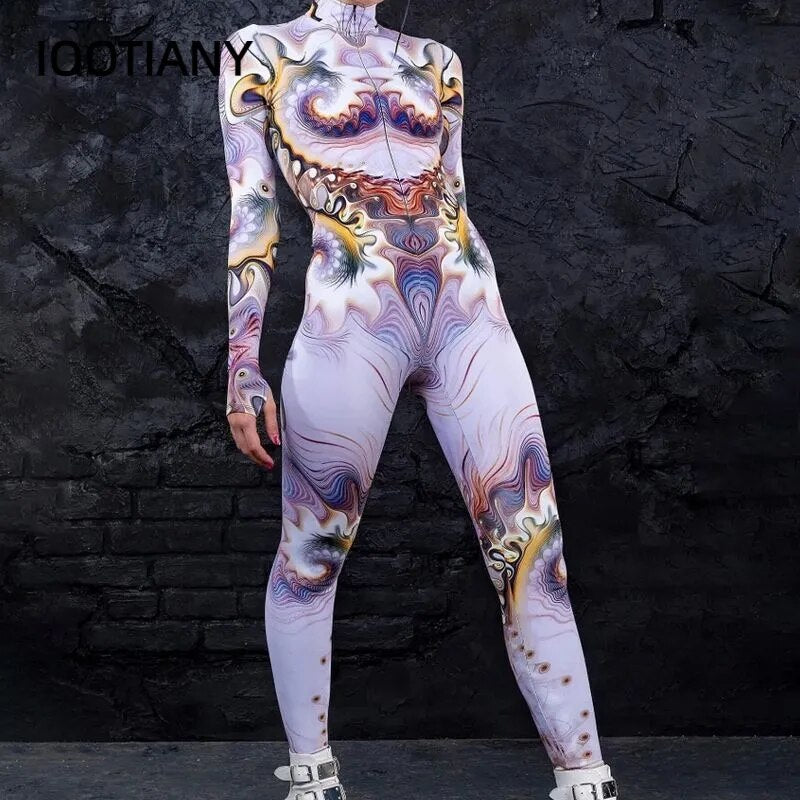 Multicolor Ocean Style Cosplayer Halloween Tight Woman Suits Printed Bodysuit Purim Carnival Festival Cosplay Costume Catsuits