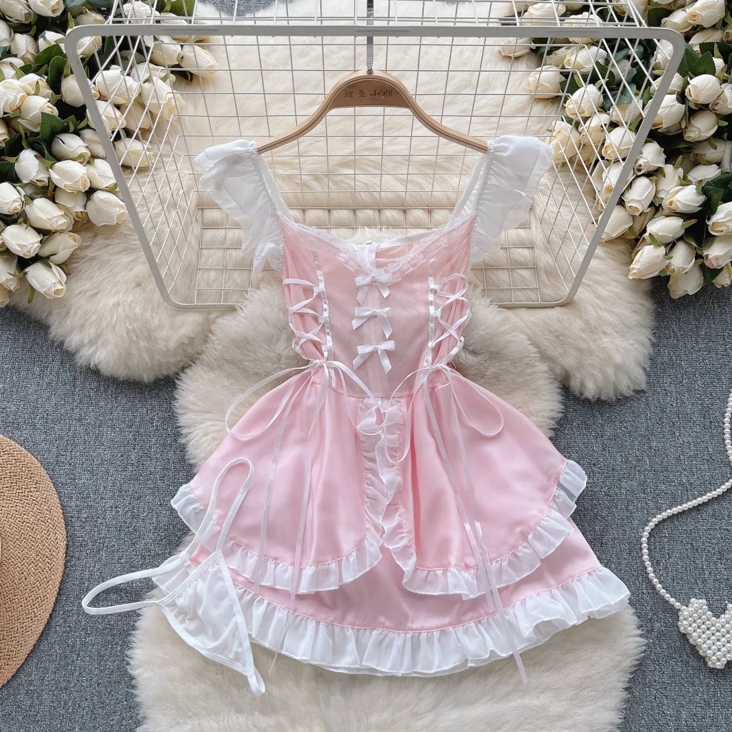 Lace Up Sweet Cosplay Sensual Mini Dress Women Strap Ruffles Nightwear+Thongs 2023  Sexy Sheer Nightdress Wanita