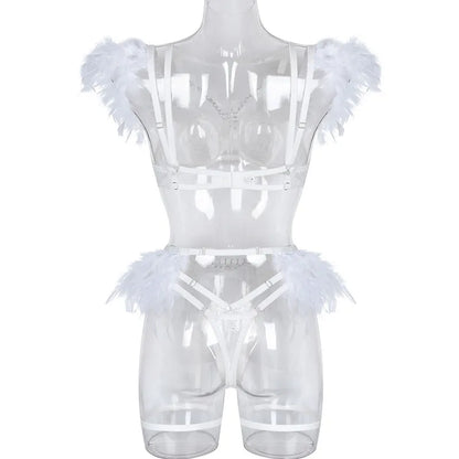 Ropa interior transparente para mujer, decoración de plumas de lujo, lencería con cadena de Metal, traje de Tanga, ropa Punk Sexy