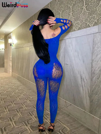 Weird Puss Sexy See Through Jumpsuits Hollow Thin Long Sleeve Fashion Chic Rhinestones Elastic Skinny Workout Midnight Clubwear