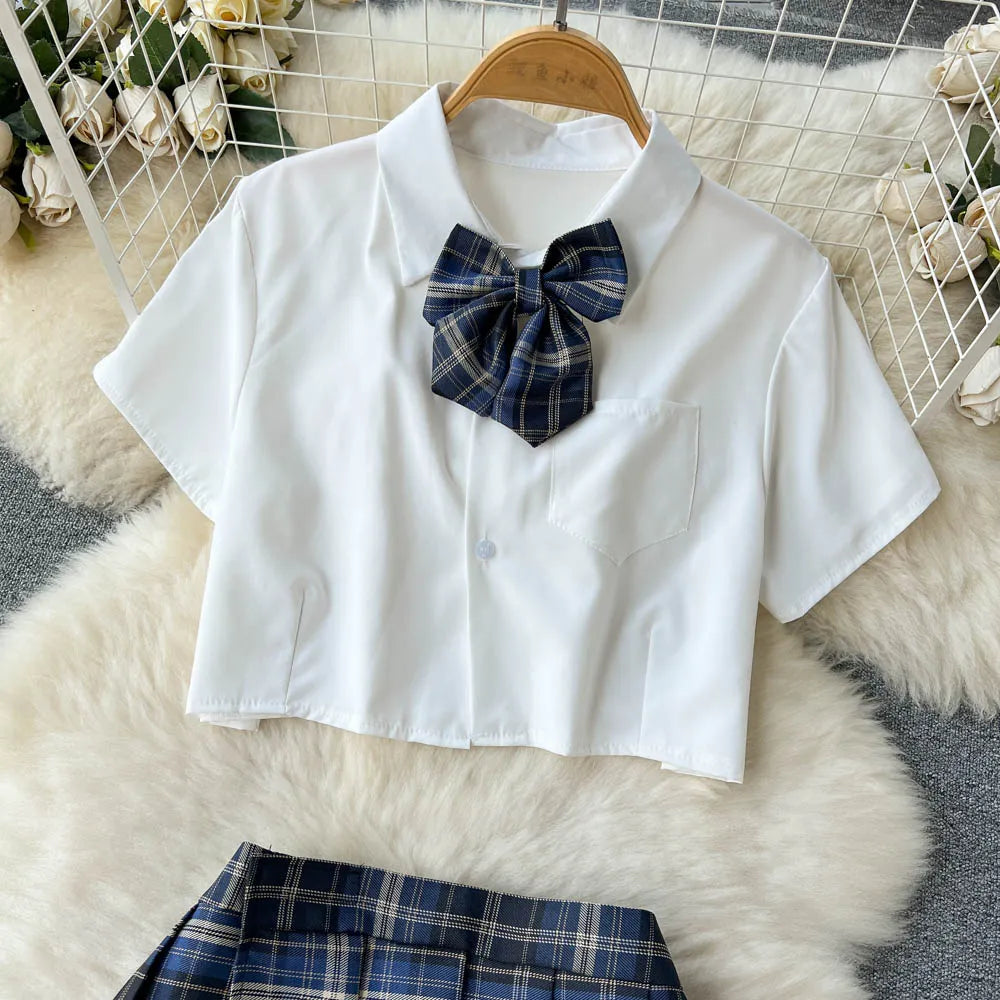 Cosplay   Outfit Women Lapel Neck Short Shirt+Plaid Mini Skirt+Thongs  2023 Preppy Style Sexy Nightwear Wanita