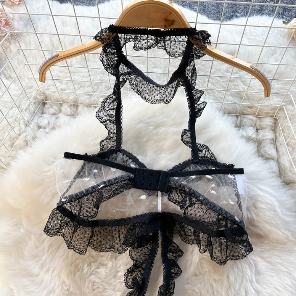 2023 Lace Sheer Sexy Bodysuits Women Halter Polka Dot Open Crotch Slim Jumpsuit New Transparent  o Nightwear Wanita