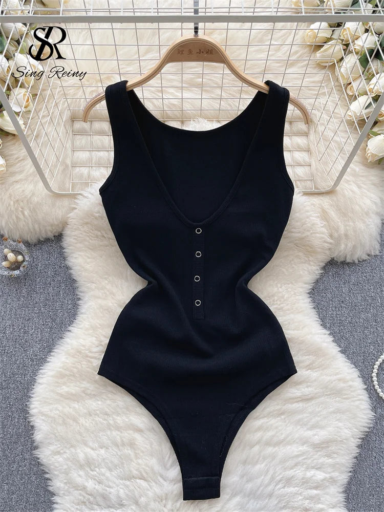 Solid Button Slim Bodysuits 2023 V Neck Sleeveless Open Crotch Sensual Top Ladies Fashion Bodycon Sexy Bodysuits Wanita