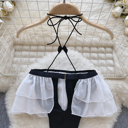 Ruffles Sweet Sexy Bodysuits Ladies Halter Hollow Out Slim Backless Playsuits+Mini Skirt  Open Crotch Nightwear Wanita