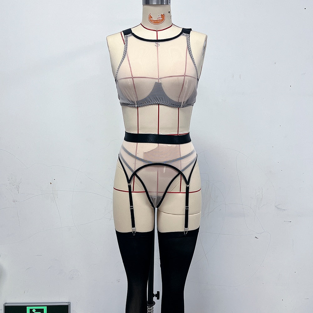 Conjunto de lencería transparente Sensual con medias, ropa interior de encaje de tul, artículos íntimos sin censura, traje Sexy desnudo transparente