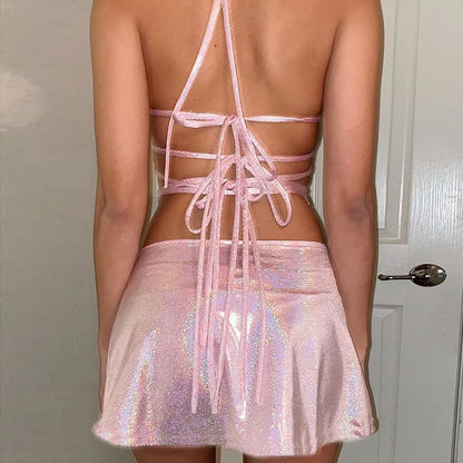 Glitter Pink Butterfly Backless Halter Crop Top 2 Piece Skirts Set for Women Sexy Cross  Rave Outfits Y2k Skirt Suit