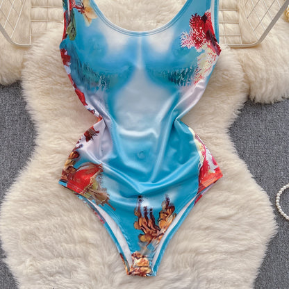 Body Sexy con estampado sin espalda para mujer, Bikini Sensual floral elástico sin mangas con tirantes, monos ajustados con entrepierna abierta Wanita